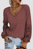 Casual Solid Lace Patchwork V Neck T-Shirts(6 Colors)