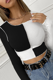 Street Patchwork Contrast O Neck Tops