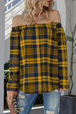 Casual Plaid Patchwork Off the Shoulder Tops(3 Colors)