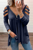 Casual Solid Hollowed Out Zipper V Neck Tops