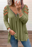 Casual Solid Hollowed Out Zipper V Neck Tops