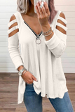 Casual Solid Hollowed Out Zipper V Neck Tops