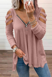 Casual Solid Hollowed Out Zipper V Neck Tops