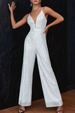 Fashion Elegant Solid Patchwork Backless V Neck Straight Jumpsuits