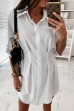 Fashion Casual Solid Buckle Fold Turndown Collar Shirt Dress Dresses(3 Colors)