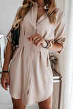 Fashion Casual Solid Buckle Fold Turndown Collar Shirt Dress Dresses(3 Colors)