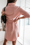 Fashion Casual Solid Buckle Fold Turndown Collar Shirt Dress Dresses(3 Colors)