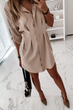 Fashion Casual Solid Buckle Fold Turndown Collar Shirt Dress Dresses(3 Colors)