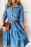 Fashion Solid Buckle With Belt Turndown Collar Cake Skirt Dresses