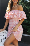 Fashion Sweet Plaid Patchwork Flounce Off the Shoulder A Line Dresses