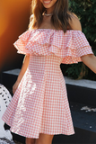 Fashion Sweet Plaid Patchwork Flounce Off the Shoulder A Line Dresses