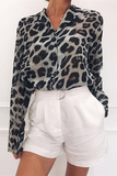 Casual Leopard Buckle Turndown Collar Tops(4 Colors)