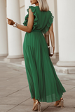 Elegant Solid Flounce Strap Design V Neck Pleated Dresses(5 Colors)