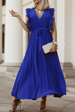 Elegant Solid Flounce Strap Design V Neck Pleated Dresses(5 Colors)