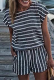 Casual Striped Patchwork Pocket O Neck Short Sleeve Two Pieces