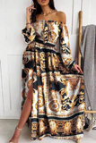 Fashion Print Off the Shoulder Waist Skirt Dresses(4 Colors)