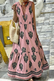 Fashion Print V Neck Cake Skirt Dresses(3 Colors)