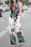 Casual Print Patchwork O Neck Straight Jumpsuits