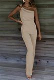 Casual Solid Patchwork One Shoulder Regular Jumpsuits(5 Colors)