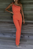 Casual Solid Patchwork One Shoulder Regular Jumpsuits(5 Colors)