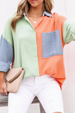 Casual Solid Patchwork Turndown Collar Tops(4 Colors)