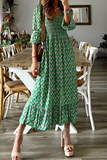 Casual Print Patchwork V Neck Cake Skirt Dresses(3 Colors)