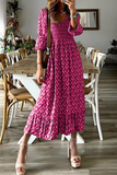 Casual Print Patchwork V Neck Cake Skirt Dresses(3 Colors)