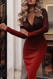 Fashion Gradual Change Patchwork V Neck Pencil Skirt Dresses(3 Colors)