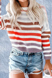 Fashion Sweet Striped Patchwork O Neck Tops