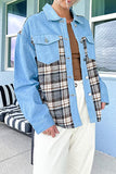 Street Plaid Striped Patchwork Pocket Turndown Collar Outerwear(6 Colors)