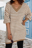 Plaid Striped Patchwork V Neck Long Sleeve Dresses(3 Colors)