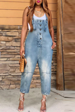 Street Solid Patch Button Square Neck Pocket Straight Jumpsuit