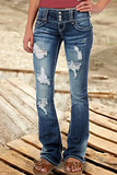 Street Patchwork Ripped High Waist Boot Cut Denim Jeans