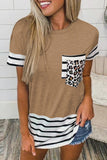 Casual Striped Leopard Patchwork Pocket T-Shirts(10 Colors)