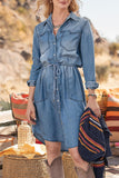 Casual Street Solid Frenulum Turndown Collar Long Sleeve Denim Dresses