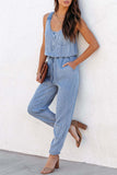 Casual Street Print Patchwork Pocket U Neck Sleeveless Loose Denim Jumpsuits