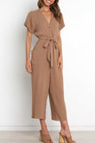 Casual Simplicity Solid Pocket Frenulum V Neck Regular Jumpsuits