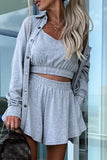 Casual Vacation Solid Pocket Turndown Collar Long Sleeve Two Pieces