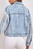 Casual Solid Tassel Patchwork Turndown Collar Long Sleeve Loose Denim Jacket