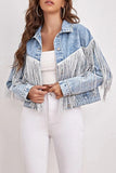 Casual Solid Tassel Patchwork Turndown Collar Long Sleeve Loose Denim Jacket