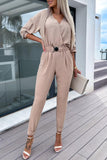 Sweet Simplicity Solid Pocket With Belt V Neck Regular Jumpsuits