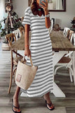 Casual Striped Patchwork V Neck A Line Short Sleeve Dress