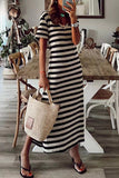 Casual Striped Patchwork V Neck A Line Short Sleeve Dress