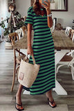 Casual Striped Patchwork V Neck A Line Short Sleeve Dress