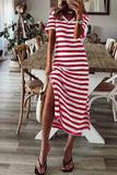 Casual Striped Patchwork V Neck A Line Short Sleeve Dress