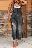 Street Solid Patch Button Square Neck Pocket Straight Jumpsuit