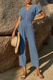 Casual Simplicity Solid Zipper V Neck Straight Jumpsuits