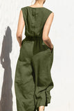 Casual Simplicity Solid Pocket O Neck Loose Jumpsuits