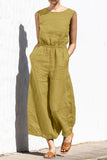 Casual Simplicity Solid Pocket O Neck Loose Jumpsuits