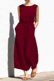 Casual Simplicity Solid Pocket O Neck Loose Jumpsuits